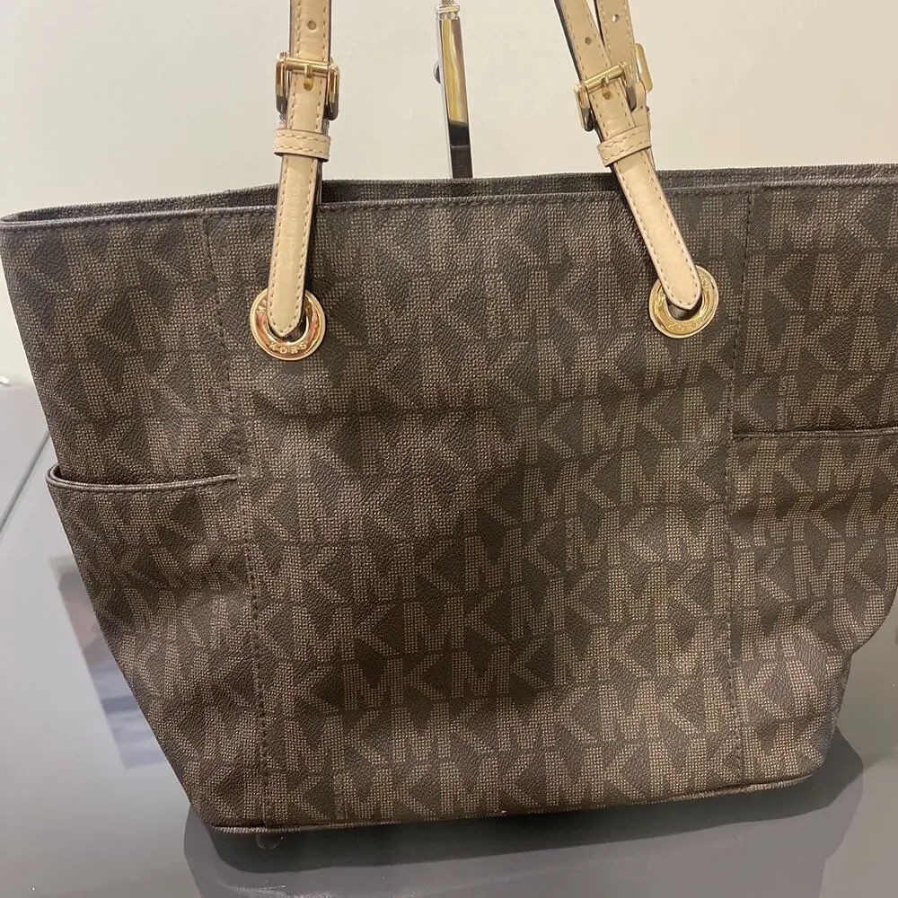Michael Kors Jet Set MK Logo Brown Leather Tote Bag Purse